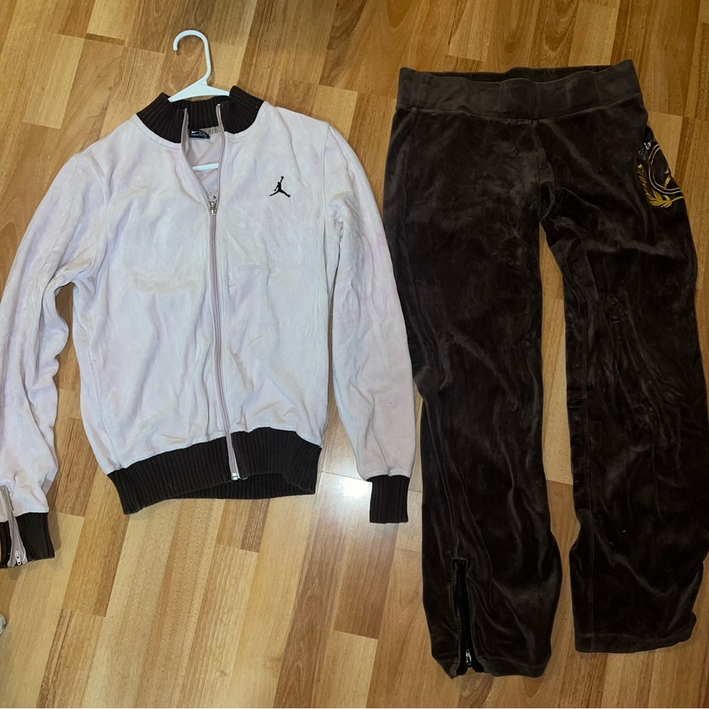 Vintage Nike Air Jordan Women's Velour Tracksuit. Pink/Brown.